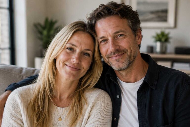 Smilende par i 40'erne, der sidder tæt sammen i hjemlige omgivelser og symboliserer glæden ved at blive forældre med hjælp fra ægdonation