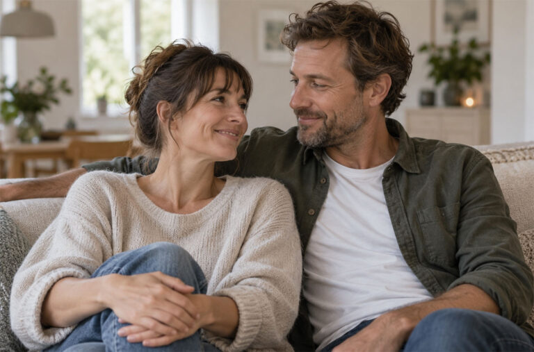 Smilende par i 40'erne, der sidder tæt sammen i hjemlige omgivelser og symboliserer glæden ved at blive forældre med hjælp fra ægdonation